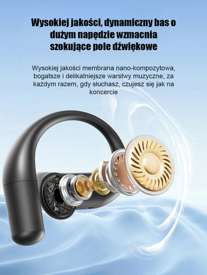 Bezprzewodowe słuchawki Bluetooth z inteligentnym tłumaczeniem AI przez przewodnictwo powietrzne.